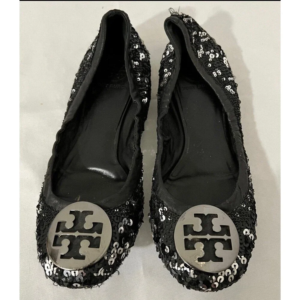 TORY BURCH REVA BLACK SEQUIN LOGO FLATS SIZE 7M